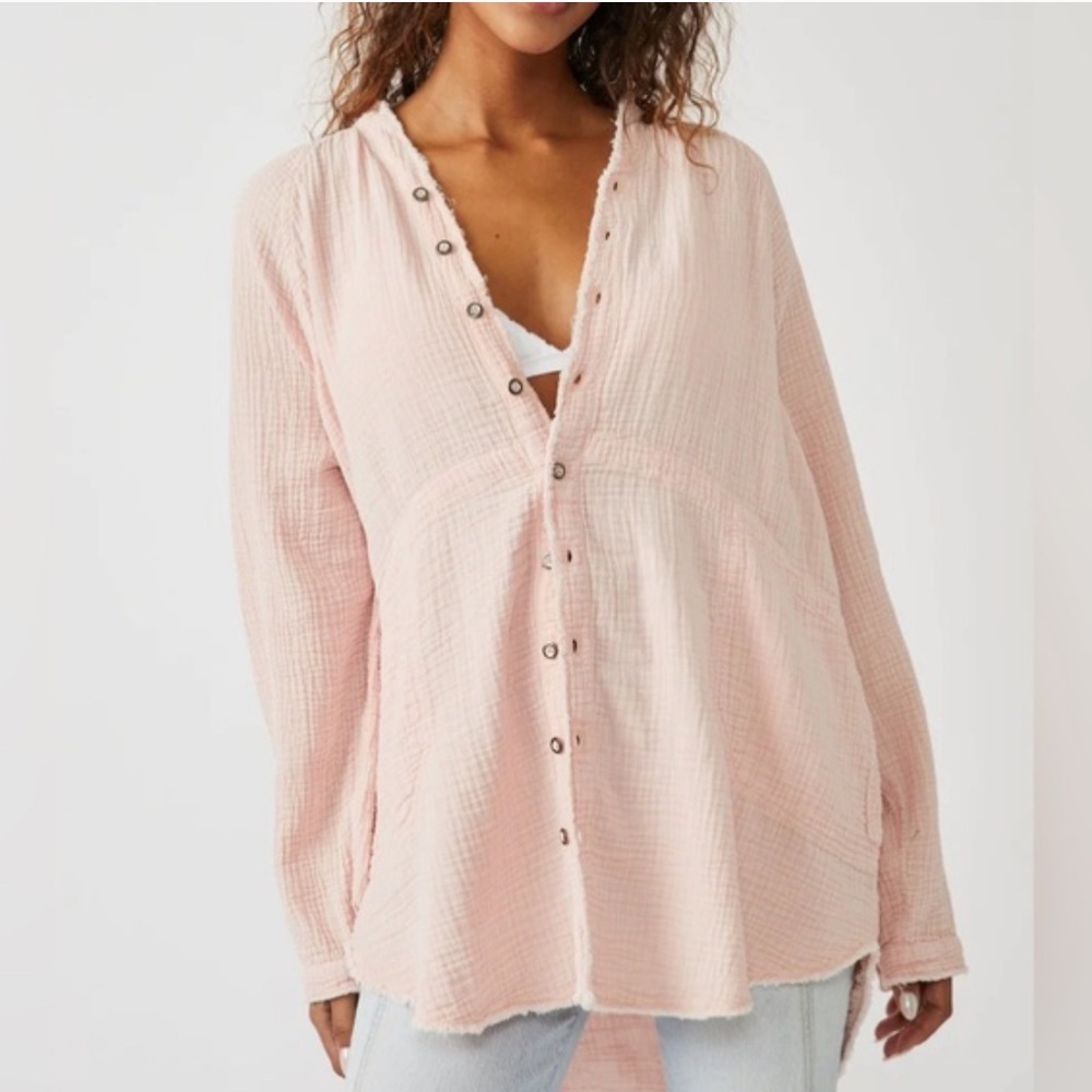 Free People Summer Daydream blouse pink pockets distressed